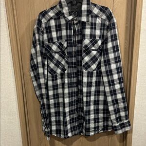 Navy and White Plaid Button-Up Shirt